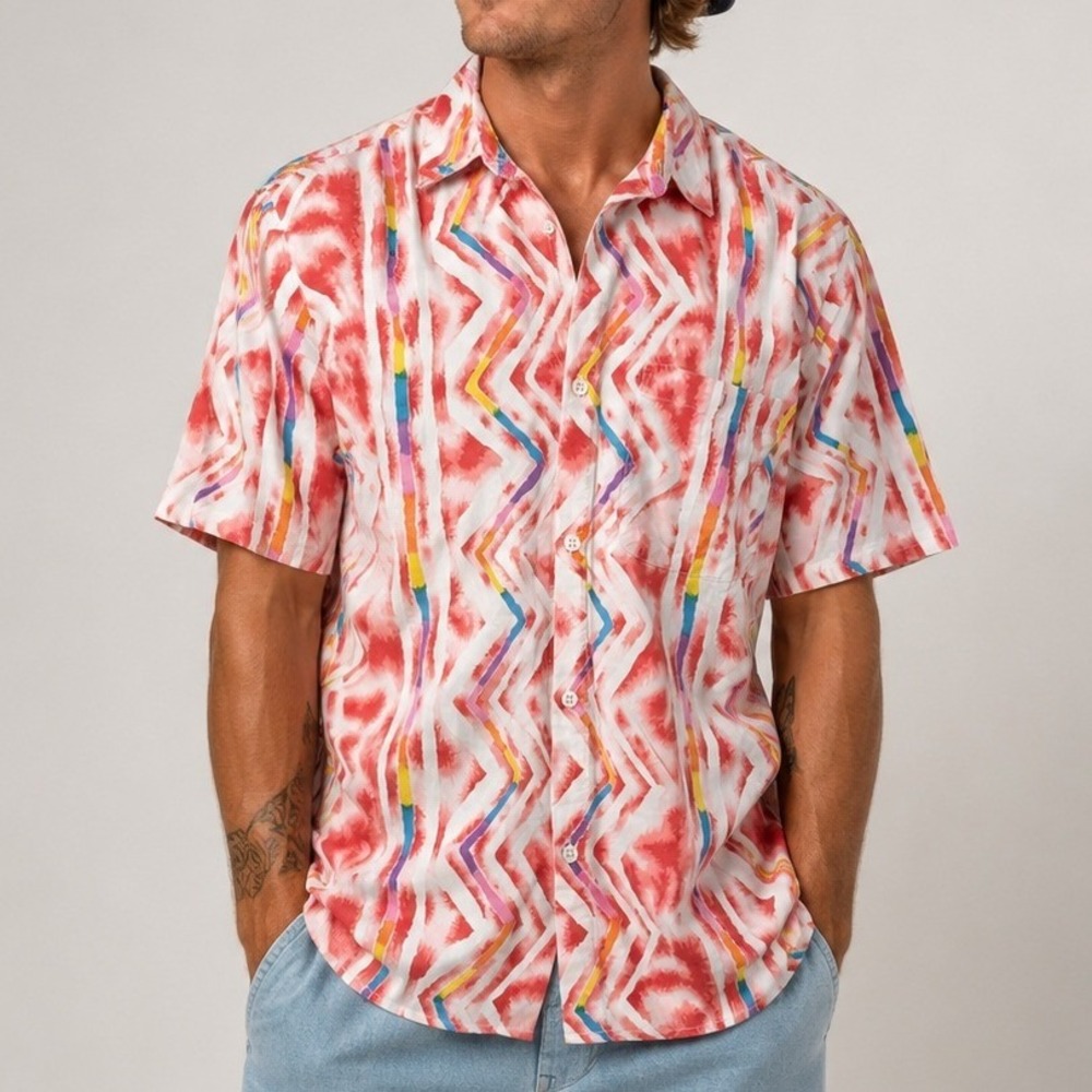 Vintage 90s Newport Blue Abstract Zig Zag Rainbow Button Up Shirt Retro Surf L‎